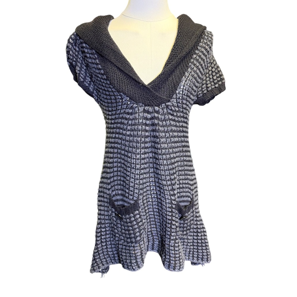 Say What Tunic Sweater Womens Large Gray Good Hooded Popcorn Knit Short Sleeve
